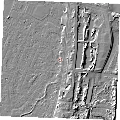 Shaded relief map of the ground around PE253EQ, computed from Environment Agency LiDAR. The ground here sits at about 3 m above sea level and falls 6 m across the surrounding 800 m. Surface water reaching this point runs off ground lying to the north-north-east, 1.8 m higher.