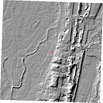 Shaded relief map of the ground around PE253ES, computed from Environment Agency LiDAR. The ground here sits at about 4 m above sea level and falls 9 m across the surrounding 800 m. Surface water reaching this point runs off ground lying to the east-south-east, 3.6 m higher.