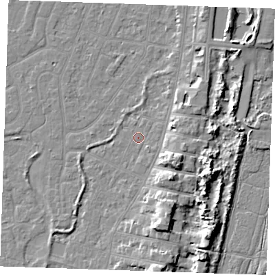 Shaded relief map of the ground around PE253HA, computed from Environment Agency LiDAR. The ground here sits at about 3 m above sea level and falls 9 m across the surrounding 800 m. Surface water reaching this point runs off ground lying to the east, 3.9 m higher.