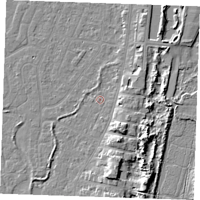 Shaded relief map of the ground around PE253HB, computed from Environment Agency LiDAR. The ground here sits at about 4 m above sea level and falls 9 m across the surrounding 800 m. Surface water reaching this point runs off ground lying to the east-south-east, 0.7 m higher.