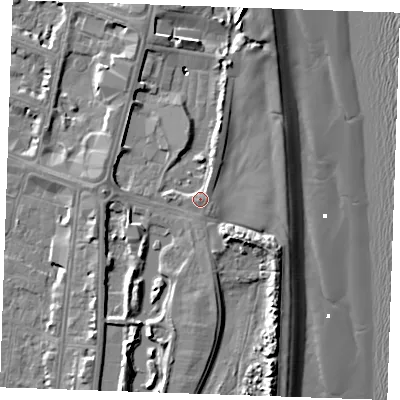 Shaded relief map of the ground around PE253HH, computed from Environment Agency LiDAR. The ground here sits at about 5 m above sea level and falls 11 m across the surrounding 800 m. Surface water reaching this point runs off ground lying to the north-north-east, 1.7 m higher.