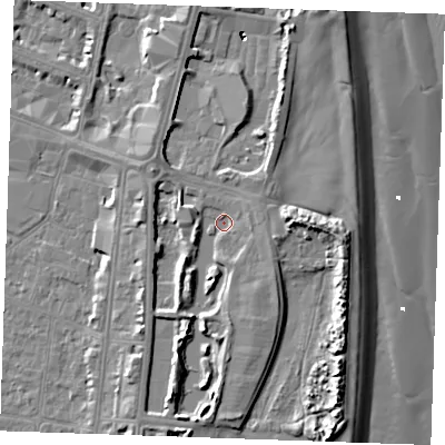 Shaded relief map of the ground around PE253HJ, computed from Environment Agency LiDAR. The ground here sits at about 4 m above sea level and falls 10 m across the surrounding 800 m. Surface water reaching this point runs off ground lying to the south-south-west, 4.3 m higher.