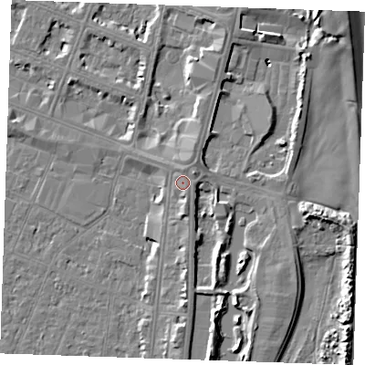 Shaded relief map of the ground around PE253HN, computed from Environment Agency LiDAR. The ground here sits at about 6 m above sea level and falls 8 m across the surrounding 800 m. Surface water reaching this point runs off ground lying to the south, 1.3 m higher.