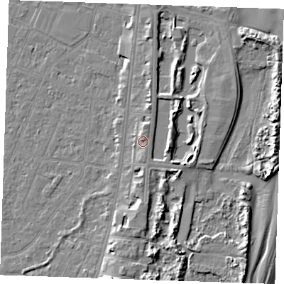 Shaded relief map of the ground around PE253HP, computed from Environment Agency LiDAR. The ground here sits at about 5 m above sea level and falls 7 m across the surrounding 800 m. Surface water reaching this point runs off ground lying to the north, 0.8 m higher.
