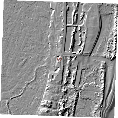 Shaded relief map of the ground around PE253HR, computed from Environment Agency LiDAR. The ground here sits at about 6 m above sea level and falls 11 m across the surrounding 800 m. Surface water reaching this point runs off ground lying to the south-south-west, 2.5 m higher.