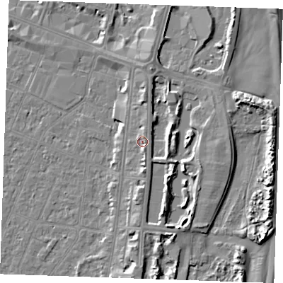 Shaded relief map of the ground around PE253HW, computed from Environment Agency LiDAR. The ground here sits at about 5 m above sea level and falls 6 m across the surrounding 800 m. Surface water reaching this point runs off ground lying to the south-south-east, 1.6 m higher.