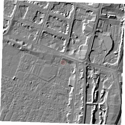 Shaded relief map of the ground around PE253HZ, computed from Environment Agency LiDAR. The ground here sits at about 3 m above sea level and falls 7 m across the surrounding 800 m. Surface water reaching this point runs off ground lying to the east, 2.4 m higher.