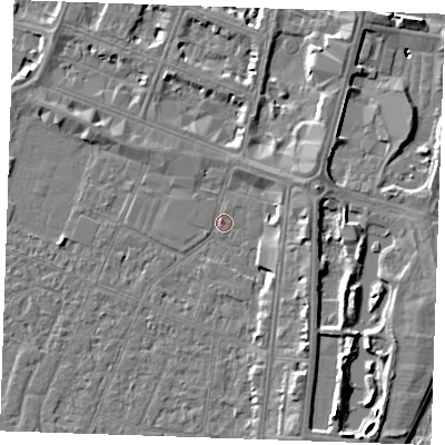 Shaded relief map of the ground around PE253JD, computed from Environment Agency LiDAR. The ground here sits at about 3 m above sea level and falls 7 m across the surrounding 800 m. Surface water reaching this point runs off ground lying to the east-north-east, 3.4 m higher.