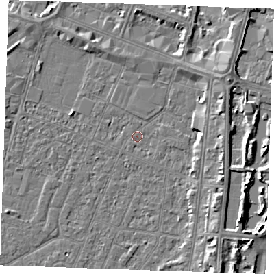 Shaded relief map of the ground around PE253JF, computed from Environment Agency LiDAR. The ground here sits at about 3 m above sea level and falls 6 m across the surrounding 800 m. Surface water reaching this point runs off ground lying to the north-east, 3.4 m higher.