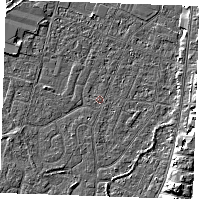 Shaded relief map of the ground around PE253JQ, computed from Environment Agency LiDAR. The ground here sits at about 3 m above sea level and falls 7 m across the surrounding 800 m. The ground contributing surface water to this point lies to the south-west.
