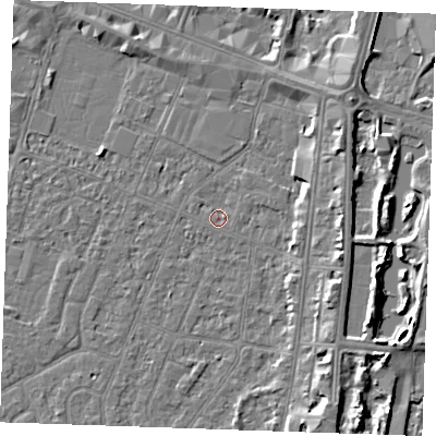 Shaded relief map of the ground around PE253JS, computed from Environment Agency LiDAR. The ground here sits at about 3 m above sea level and falls 6 m across the surrounding 800 m. Surface water reaching this point runs off ground lying to the east-north-east, 0.9 m higher.