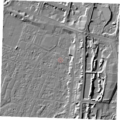 Shaded relief map of the ground around PE253JT, computed from Environment Agency LiDAR. The ground here sits at about 3 m above sea level and falls 6 m across the surrounding 800 m. The ground contributing surface water to this point lies to the east-south-east.