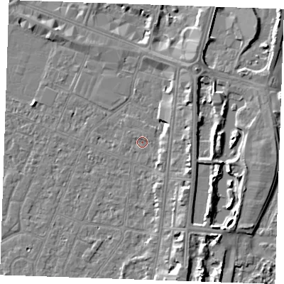Shaded relief map of the ground around PE253JU, computed from Environment Agency LiDAR. The ground here sits at about 3 m above sea level and falls 6 m across the surrounding 800 m. Surface water reaching this point runs off ground lying to the east-south-east, 1.8 m higher.