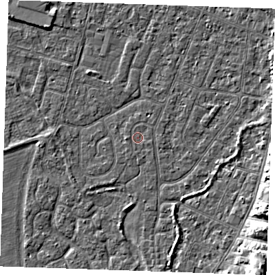 Shaded relief map of the ground around PE253JW, computed from Environment Agency LiDAR. The ground here sits at about 3 m above sea level and falls 8 m across the surrounding 800 m. Surface water reaching this point runs off ground lying to the west, 0.8 m higher.