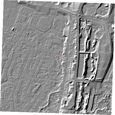 Shaded relief map of the ground around PE253JX, computed from Environment Agency LiDAR. The ground here sits at about 3 m above sea level and falls 6 m across the surrounding 800 m. Surface water reaching this point runs off ground lying to the north-north-east, 3.3 m higher.