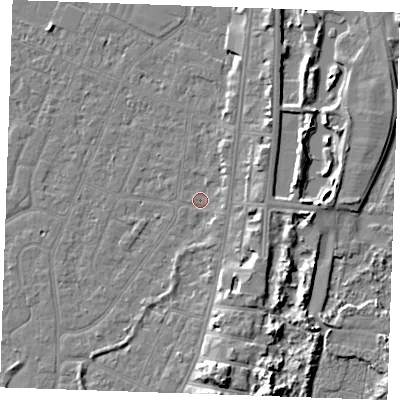 Shaded relief map of the ground around PE253JZ, computed from Environment Agency LiDAR. The ground here sits at about 3 m above sea level and falls 9 m across the surrounding 800 m. Surface water reaching this point runs off ground lying to the north-east, 3.9 m higher.
