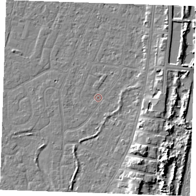 Shaded relief map of the ground around PE253LA, computed from Environment Agency LiDAR. The ground here sits at about 3 m above sea level and falls 9 m across the surrounding 800 m. Surface water reaching this point runs off ground lying to the east-south-east, 1.1 m higher.