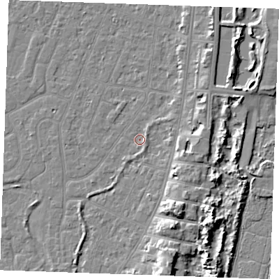 Shaded relief map of the ground around PE253LB, computed from Environment Agency LiDAR. The ground here sits at about 3 m above sea level and falls 9 m across the surrounding 800 m. Surface water reaching this point runs off ground lying to the east-south-east, 1.0 m higher.