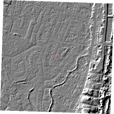 Shaded relief map of the ground around PE253LD, computed from Environment Agency LiDAR. The ground here sits at about 3 m above sea level and falls 9 m across the surrounding 800 m. Surface water reaching this point runs off ground lying to the east-south-east, 1.1 m higher.