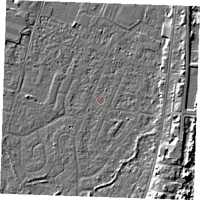 Shaded relief map of the ground around PE253LE, computed from Environment Agency LiDAR. The ground here sits at about 3 m above sea level and falls 8 m across the surrounding 800 m. Surface water reaching this point runs off ground lying to the east-north-east, 4.2 m higher.