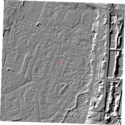 Shaded relief map of the ground around PE253LF, computed from Environment Agency LiDAR. The ground here sits at about 3 m above sea level and falls 6 m across the surrounding 800 m. The ground contributing surface water to this point lies to the north-east.