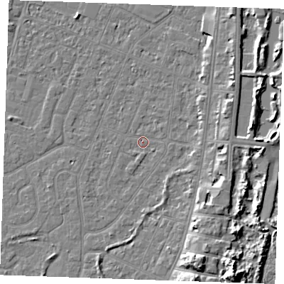 Shaded relief map of the ground around PE253LG, computed from Environment Agency LiDAR. The ground here sits at about 3 m above sea level and falls 9 m across the surrounding 800 m. Surface water reaching this point runs off ground lying to the east-north-east, 4.2 m higher.