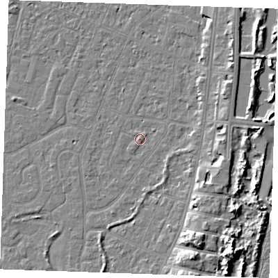 Shaded relief map of the ground around PE253LJ, computed from Environment Agency LiDAR. The ground here sits at about 3 m above sea level and falls 9 m across the surrounding 800 m. Surface water reaching this point runs off ground lying to the east, 1.4 m higher.