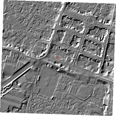 Shaded relief map of the ground around PE253LL, computed from Environment Agency LiDAR. The ground here sits at about 3 m above sea level and falls 4 m across the surrounding 800 m. Surface water reaching this point runs off ground lying to the east-south-east, 2.2 m higher.
