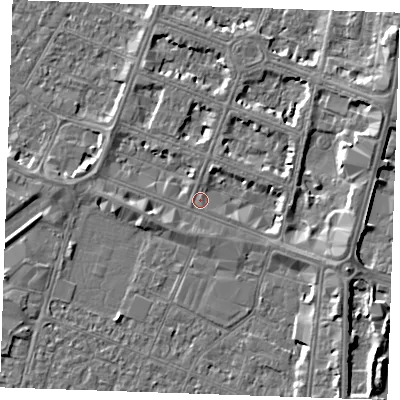 Shaded relief map of the ground around PE253LP, computed from Environment Agency LiDAR. The ground here sits at about 4 m above sea level and falls 5 m across the surrounding 800 m. Surface water reaching this point runs off ground lying to the east-north-east, 3.8 m higher.
