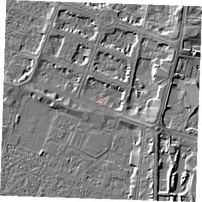 Shaded relief map of the ground around PE253LS, computed from Environment Agency LiDAR. The ground here sits at about 3 m above sea level and falls 7 m across the surrounding 800 m. Surface water reaching this point runs off ground lying to the east-north-east, 3.8 m higher.