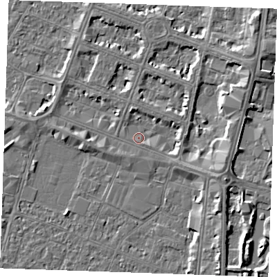 Shaded relief map of the ground around PE253LU, computed from Environment Agency LiDAR. The ground here sits at about 3 m above sea level and falls 5 m across the surrounding 800 m. Surface water reaching this point runs off ground lying to the east-north-east, 3.8 m higher.