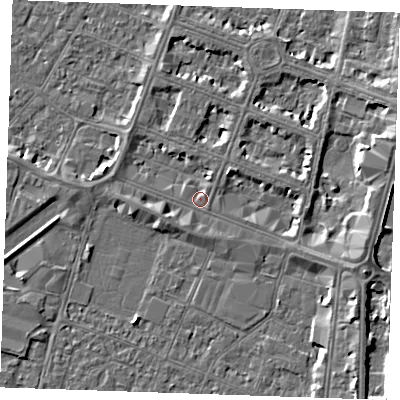 Shaded relief map of the ground around PE253LW, computed from Environment Agency LiDAR. The ground here sits at about 3 m above sea level and falls 5 m across the surrounding 800 m. Surface water reaching this point runs off ground lying to the east-north-east, 3.8 m higher.