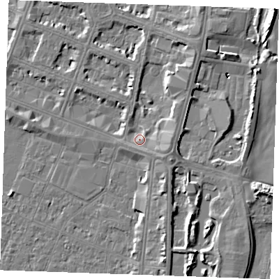 Shaded relief map of the ground around PE253LZ, computed from Environment Agency LiDAR. The ground here sits at about 4 m above sea level and falls 8 m across the surrounding 800 m. Surface water reaching this point runs off ground lying to the east, 3.1 m higher.