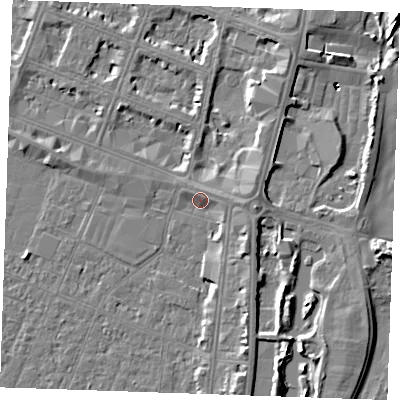 Shaded relief map of the ground around PE253NA, computed from Environment Agency LiDAR. The ground here sits at about 4 m above sea level and falls 8 m across the surrounding 800 m. Surface water reaching this point runs off ground lying to the east, 2.4 m higher.
