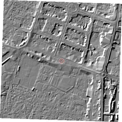Shaded relief map of the ground around PE253ND, computed from Environment Agency LiDAR. The ground here sits at about 3 m above sea level and falls 6 m across the surrounding 800 m. Surface water reaching this point runs off ground lying to the east-south-east, 1.1 m higher.