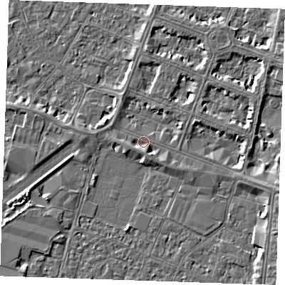 Shaded relief map of the ground around PE253NG, computed from Environment Agency LiDAR. The ground here sits at about 3 m above sea level and falls 4 m across the surrounding 800 m. Surface water reaching this point runs off ground lying to the east-south-east, 2.2 m higher.