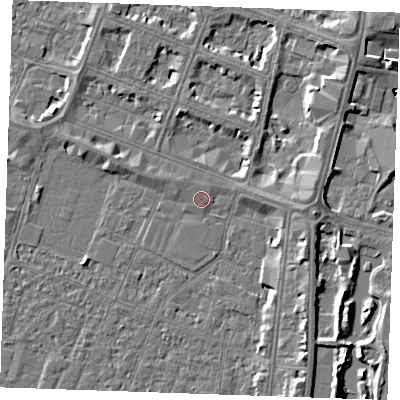 Shaded relief map of the ground around PE253NU, computed from Environment Agency LiDAR. The ground here sits at about 4 m above sea level and falls 7 m across the surrounding 800 m. Surface water reaching this point runs off ground lying to the north, 0.7 m higher.