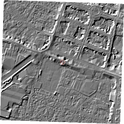 Shaded relief map of the ground around PE253NW, computed from Environment Agency LiDAR. The ground here sits at about 4 m above sea level and falls 4 m across the surrounding 800 m. Surface water reaching this point runs off ground lying to the east-south-east, 2.5 m higher.