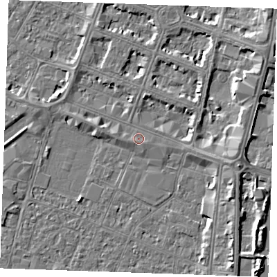 Shaded relief map of the ground around PE253NX, computed from Environment Agency LiDAR. The ground here sits at about 4 m above sea level and falls 6 m across the surrounding 800 m. Surface water reaching this point runs off ground lying to the east-south-east, 1.1 m higher.