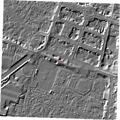 Shaded relief map of the ground around PE253NY, computed from Environment Agency LiDAR. The ground here sits at about 3 m above sea level and falls 5 m across the surrounding 800 m. Surface water reaching this point runs off ground lying to the east-north-east, 3.5 m higher.