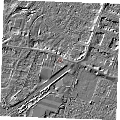 Shaded relief map of the ground around PE253NZ, computed from Environment Agency LiDAR. The ground here sits at about 4 m above sea level and falls 4 m across the surrounding 800 m. Surface water reaching this point runs off ground lying to the east-south-east, 1.1 m higher.