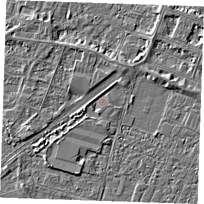 Shaded relief map of the ground around PE253PG, computed from Environment Agency LiDAR. The ground here sits at about 3 m above sea level and falls 3 m across the surrounding 800 m. Surface water reaching this point runs off ground lying to the west-south-west, 2.2 m higher.