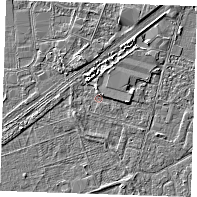 Shaded relief map of the ground around PE253PS, computed from Environment Agency LiDAR. The ground here sits at about 3 m above sea level and falls 3 m across the surrounding 800 m. Surface water reaching this point runs off ground lying to the north-north-west, 2.2 m higher.