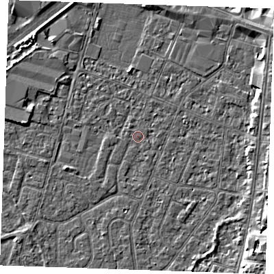 Shaded relief map of the ground around PE253PU, computed from Environment Agency LiDAR. The ground here sits at about 3 m above sea level and falls 5 m across the surrounding 800 m. Surface water reaching this point runs off ground lying to the north-east, 2.9 m higher.
