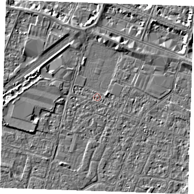 Shaded relief map of the ground around PE253PX, computed from Environment Agency LiDAR. The ground here sits at about 3 m above sea level and falls 3 m across the surrounding 800 m. Surface water reaching this point runs off ground lying to the east-north-east, 1.8 m higher.
