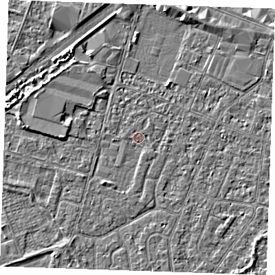 Shaded relief map of the ground around PE253PY, computed from Environment Agency LiDAR. The ground here sits at about 3 m above sea level and falls 3 m across the surrounding 800 m. The ground contributing surface water to this point lies to the west-north-west.