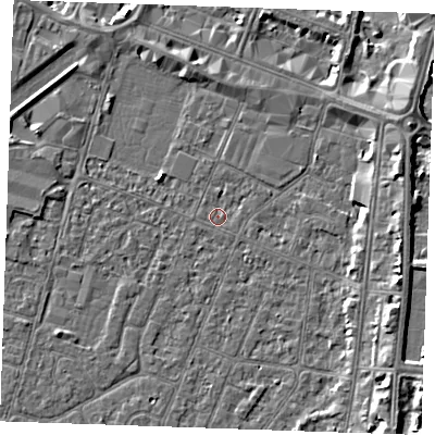 Shaded relief map of the ground around PE253PZ, computed from Environment Agency LiDAR. The ground here sits at about 3 m above sea level and falls 6 m across the surrounding 800 m. Surface water reaching this point runs off ground lying to the east-north-east, 3.4 m higher.