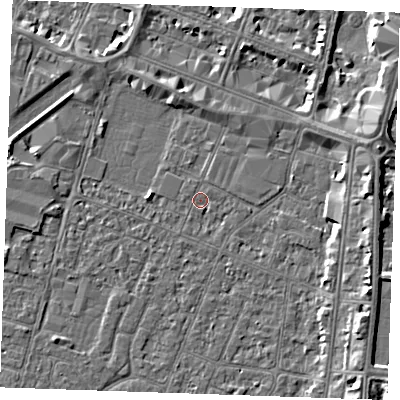 Shaded relief map of the ground around PE253QA, computed from Environment Agency LiDAR. The ground here sits at about 3 m above sea level and falls 5 m across the surrounding 800 m. Surface water reaching this point runs off ground lying to the east-north-east, 3.4 m higher.