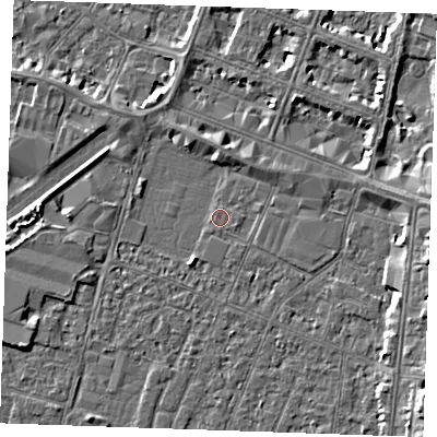 Shaded relief map of the ground around PE253QB, computed from Environment Agency LiDAR. The ground here sits at about 3 m above sea level and falls 5 m across the surrounding 800 m. Surface water reaching this point runs off ground lying to the east, 3.4 m higher.