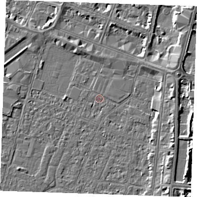 Shaded relief map of the ground around PE253QD, computed from Environment Agency LiDAR. The ground here sits at about 3 m above sea level and falls 6 m across the surrounding 800 m. Surface water reaching this point runs off ground lying to the east-north-east, 3.4 m higher.